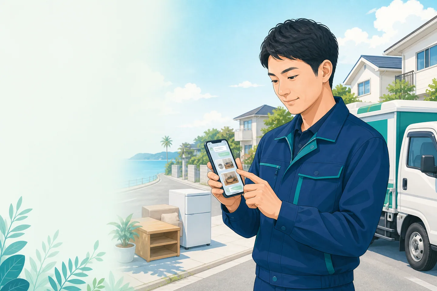 作業服姿の架空の人物が、スマートフォンで写真付き相談を確認している制作イメージ